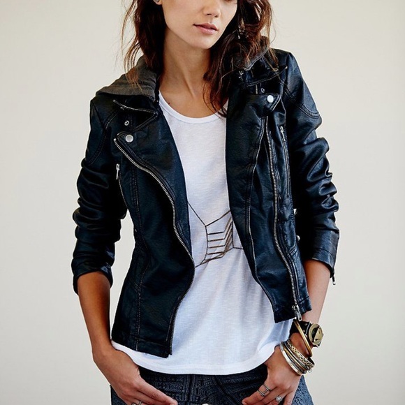 Free People Jackets & Blazers - Free people Faux leather motorcycle hooded jacket